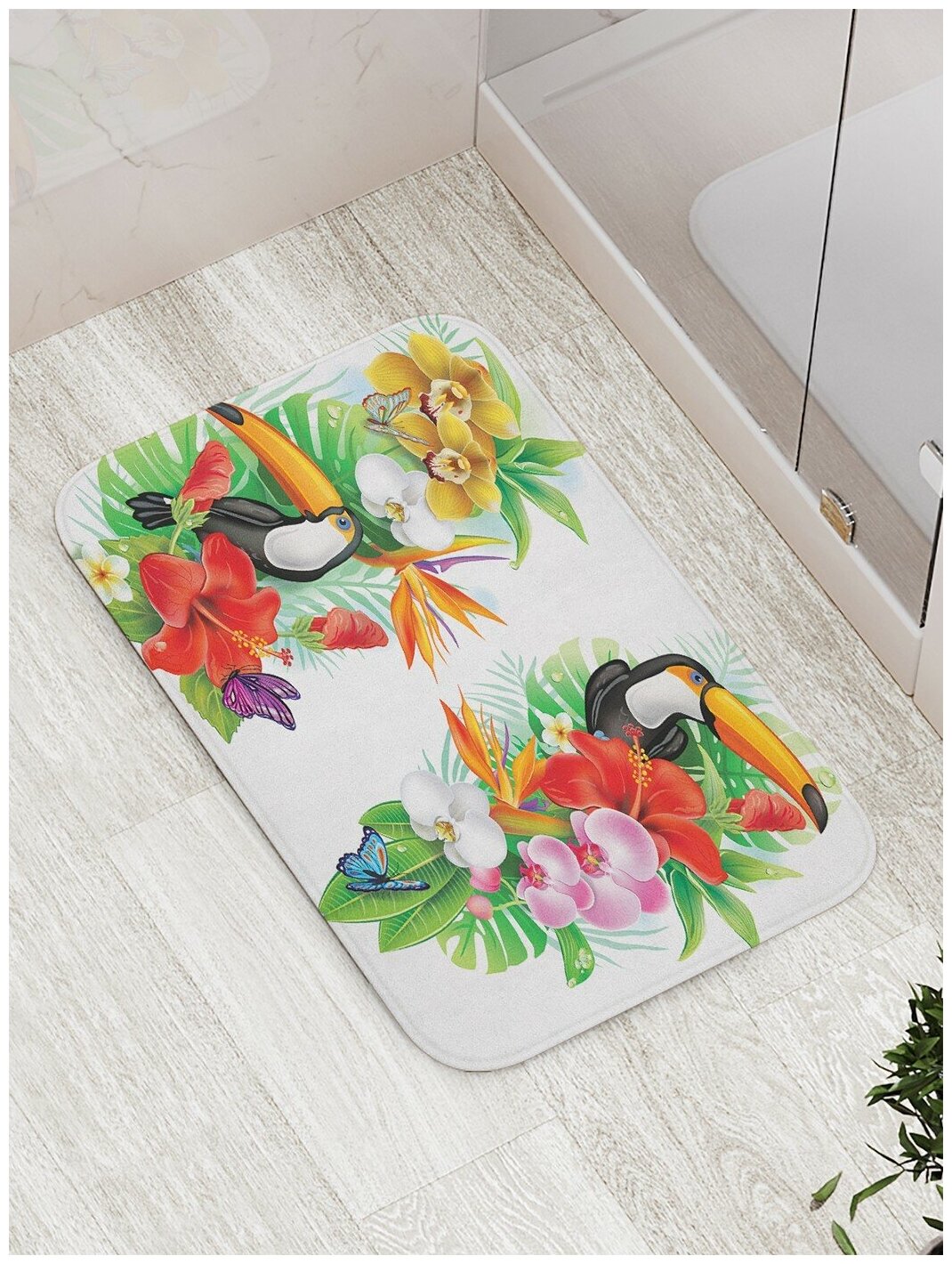 Коврик JoyArty противоскользящий "Туканы в цветах" для ванной, сауны, бассейна, 77х52 см