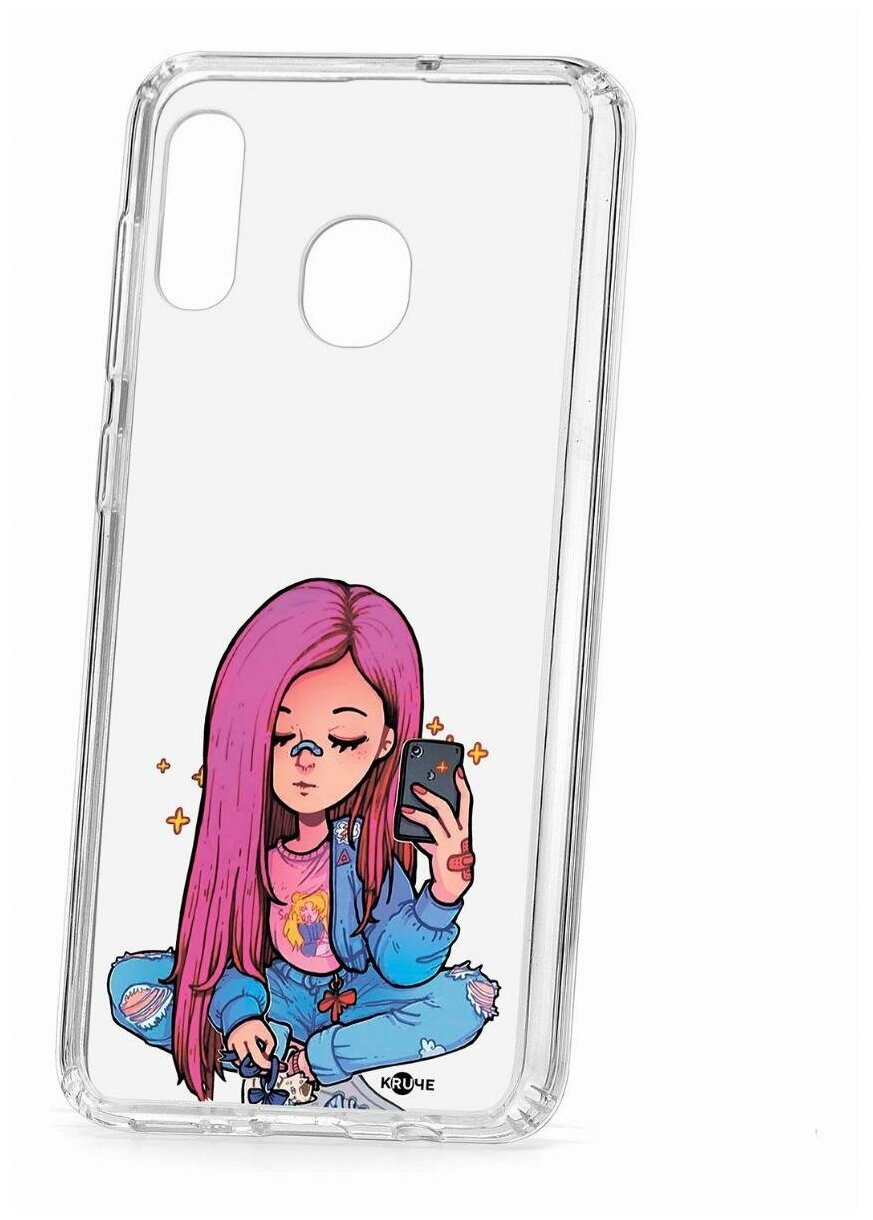 Чехол для Samsung Galaxy A20/A30 Kruche Print Pink Hair, пластиковая накладка, силиконовый бампер с защитой камеры, защитный прозрачный кейс с рисунком