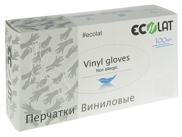 Перчатки виниловые, прозрачные, размер XL / EcoLat 100 шт
