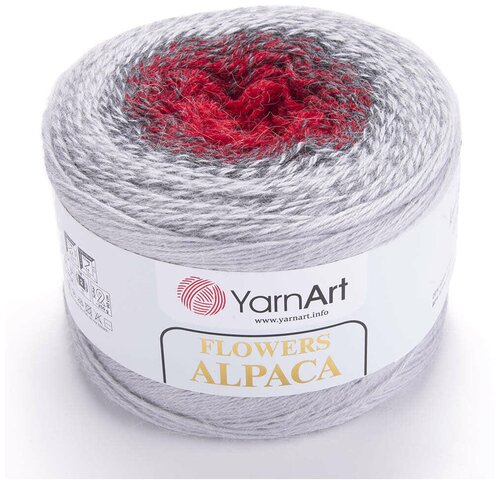 Пряжа YarnArt Flowers Alpaca (ЯрнАрт Фловерс Альпака) 1 моток цвет 436 Серый, Темно-серый, Красный, 20% альпака, 80% акрил, 250г, 940м