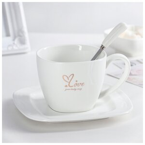 Фото Чайная пара керамическая с ложкой Love, 2 предмета: чашка 380 мл, блюдце d=16 см, цвет микс