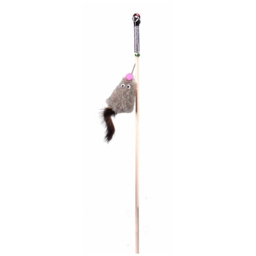 Махалка Мышь с мятой серый мех с хвостом из натуральной норки на веревке GoSi этикетка флажок