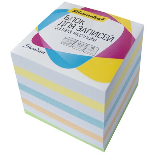 Блок для записей бумажный Silwerhof Стандарт 701045 90х90х90мм 80г/м2 ассорти 5 цветов в упаковке на склейке