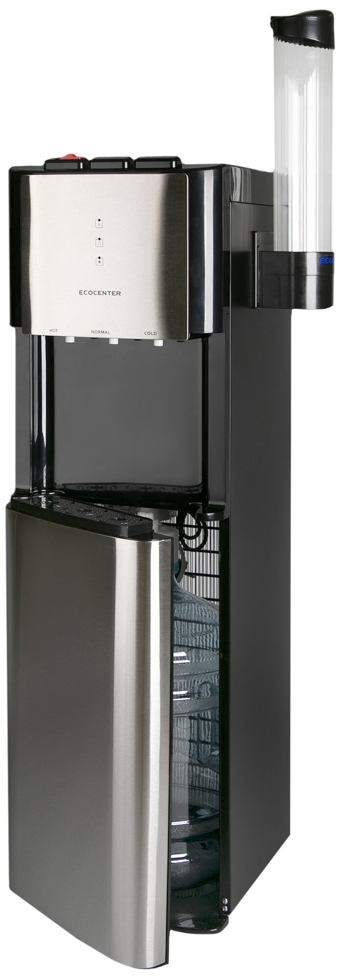 Кулер (диспенсер) для воды напольный с нагревом и компрессорным охлаждением ECOCENTER A-X605 с нижней загрузкой, черный - фотография № 5