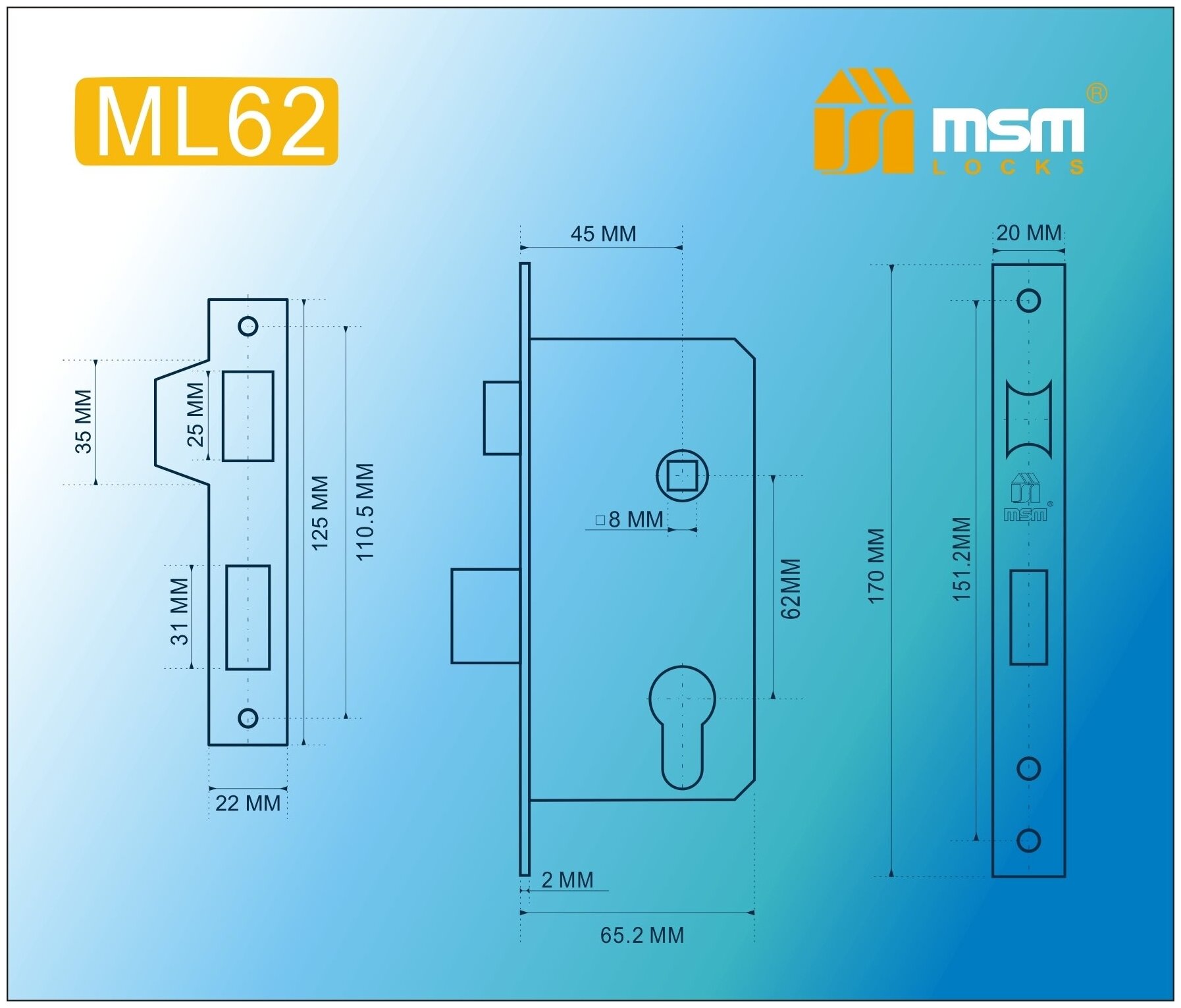 Замок врезной ML62 MSM матовая латунь (SB)