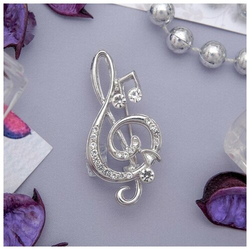 фото Брошь "скрипичный ключ" и нотки, цвет белый в серебре recom