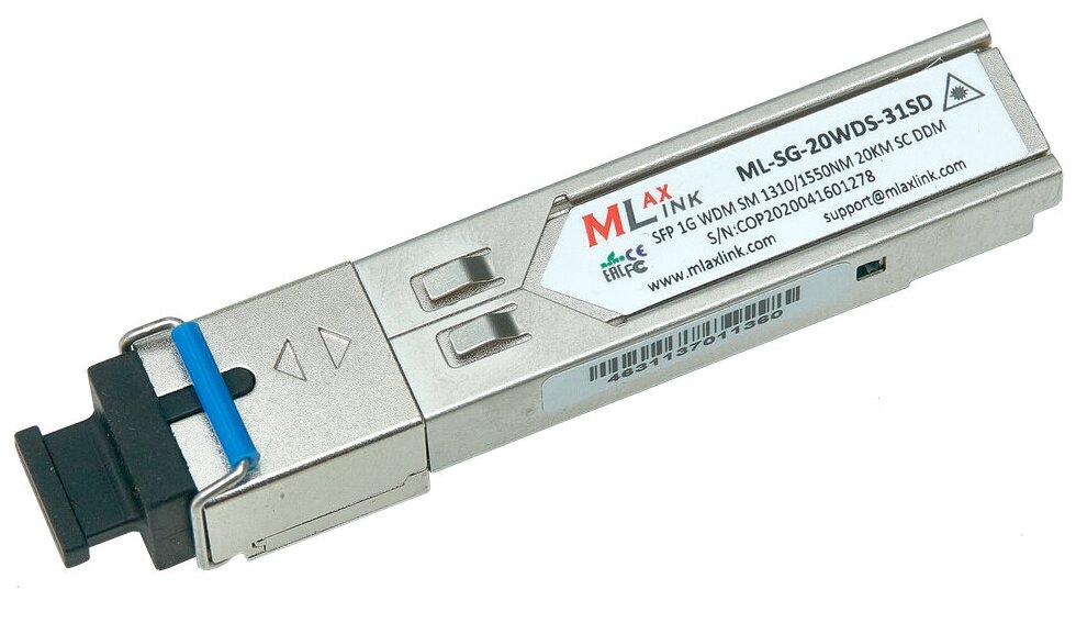 Модуль MlaxLink оптический одноволоконный SFP WDM 1.25Гб/с 20км 1310/1550нм SC DDM