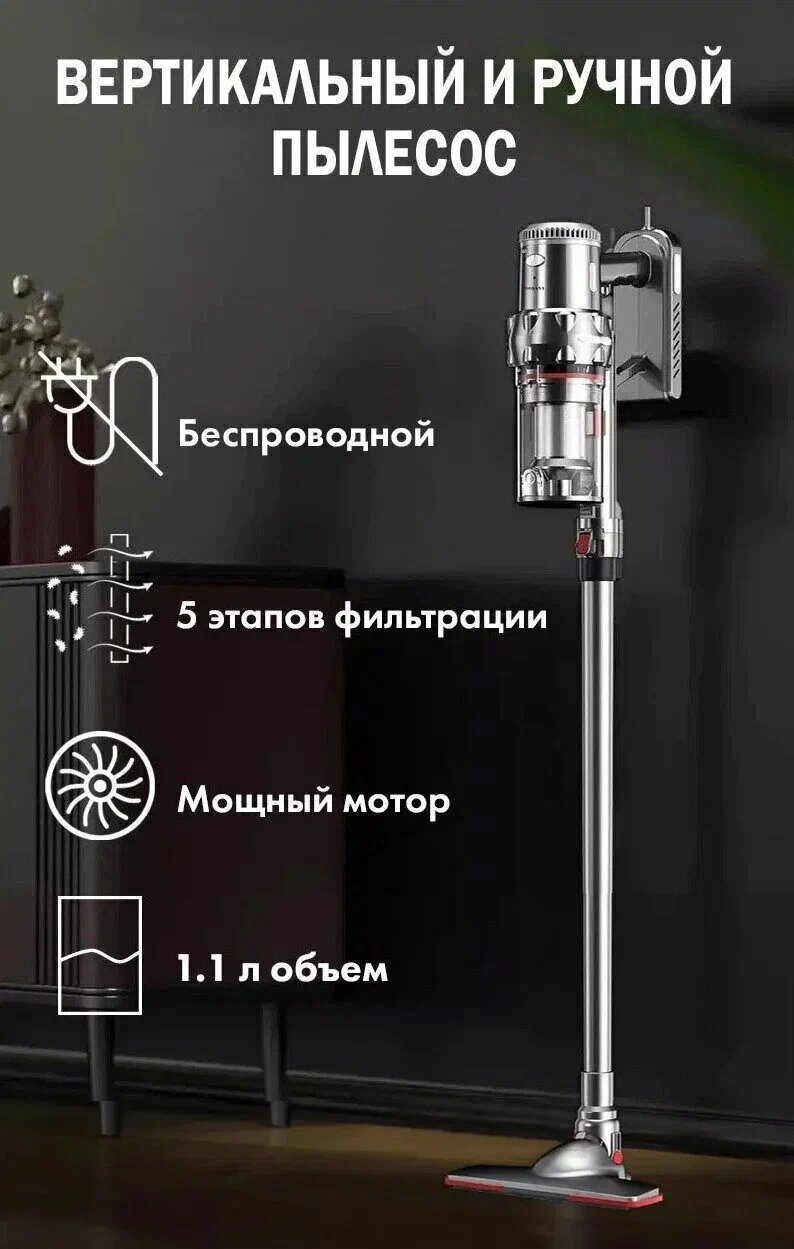 фото Беспроводной пылесос, вертикальный ручной, бытовой, с контейнером, для уборки дома, офиса, телескопическая труба, с защитой от перегрева, До 2000ваттВТ