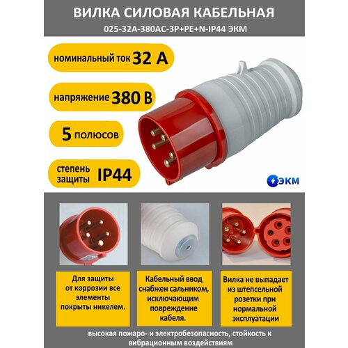 Вилка силовая кабельная 025-32А-380AC-3P+PE+N-IP44 ЭКМ