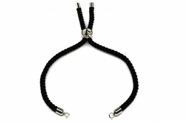 Основа для браслета Шнур с замком-слайдер 19см, толщина 3мм, цвет черный/платина, нейлон/латунь, 16-093, 1шт