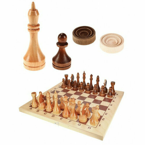 Набор 2 В 1 большой. Шахматы гроссмейстерские + шашки деревянн. С доской (420Х210 ММ) (Арт. ИН-8051) шахматы гроссмейстерские пластиковые с деревянной доской 420х210 мм клетка 45 мм 02 116