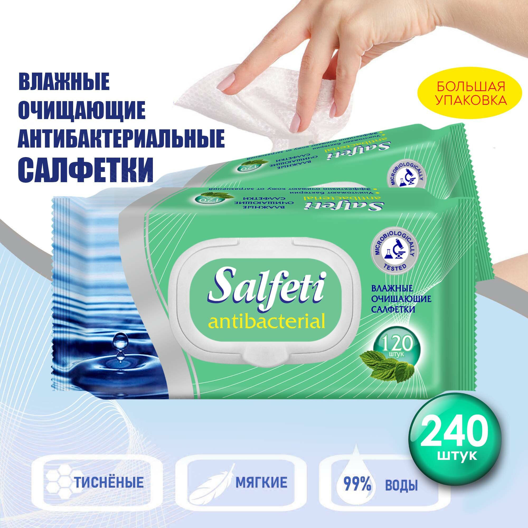 Салфетки влажные Salfeti Antibacterial очищающие, антибактериальные , с клапаном, 2 уп. по 120 шт.