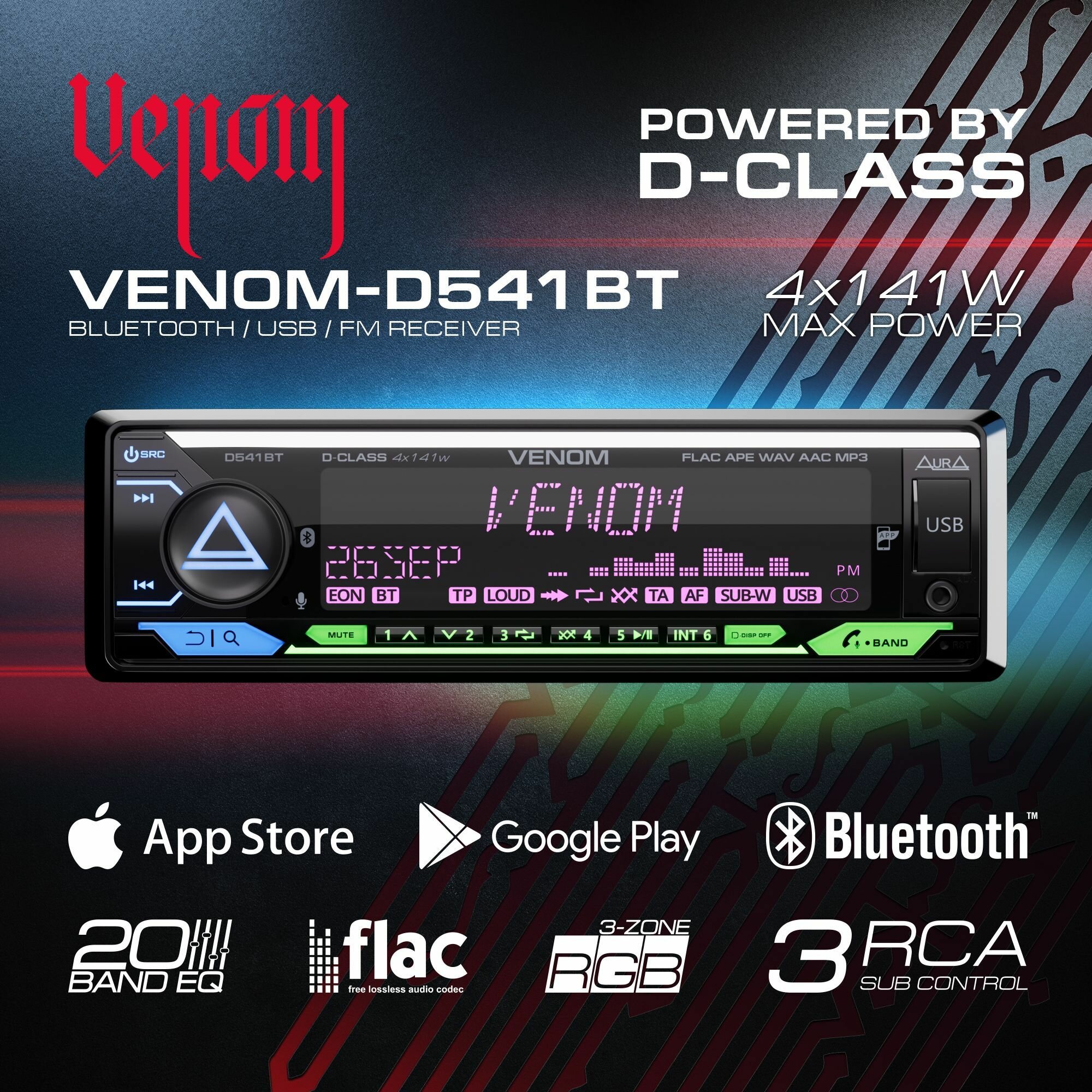 Автомагнитола Aura Venom-D541BT 1DIN с функциями RCA, FLAC, Bluetooth, USB, FM, подходит для Android/IOS, универсальная