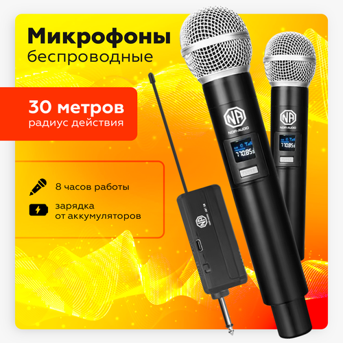 Микрофон караоке беспроводной NOIR-audio ART 2R с двумя перезаряжаемыми радиомикрофонами и компактным приёмником на аккумуляторе черный