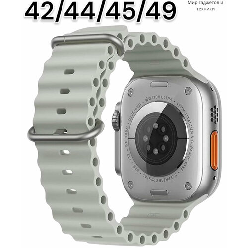 Ремешок Ocean Band для Apple Watch ULTRA 49mm, Series 1-8, SE, 42/44/45/49mm, светло-серый, Рифленый серый, серебристый, светлый, серый, размер L (запястье 160–180 мм), XS (запястье 120–135 мм), XXL (запястье более 200 мм), М (запястье 150–160 мм)