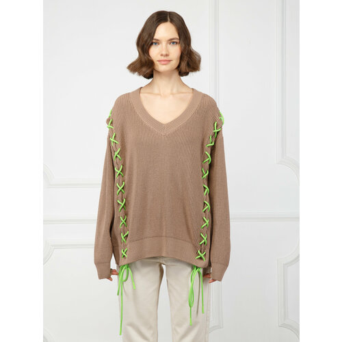 Пуловер ELEGANZZA, длинный рукав, оверсайз, размер S, бежевый, зеленый