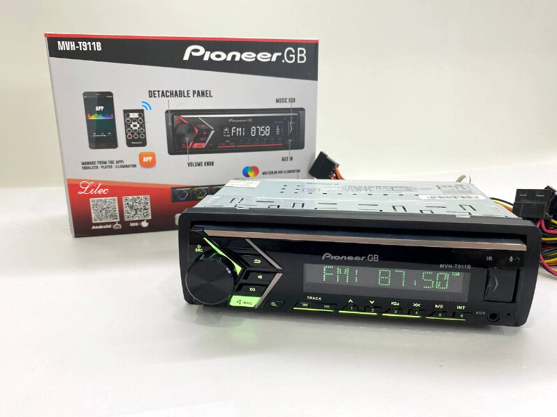 Магнитола Pioneer.gb 911 60W с Bluetooth, AUX, USB, со съемной панелью, громкая связь, 6 цветов подсветки, пульт ДУ, типоразмер 1DIN