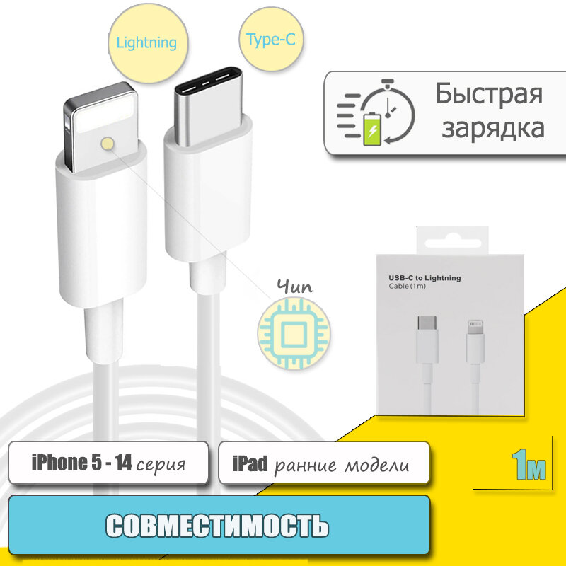 Кабель Type-C – Lightning для быстрой зарядки iPhone 8-14 и iPad, в оригинальной упаковке, 1м