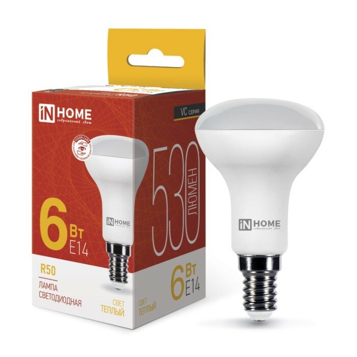 INhome Лампа светодиодная IN HOME LED-R50-VC, 6 Вт, 230 В, Е14, 3000 К, 530 Лм