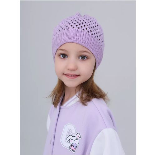 фото Шапка mi ropa детская вязаная шапка-сетка "паутинка", размер 5-8 лет, светло-сиреневый