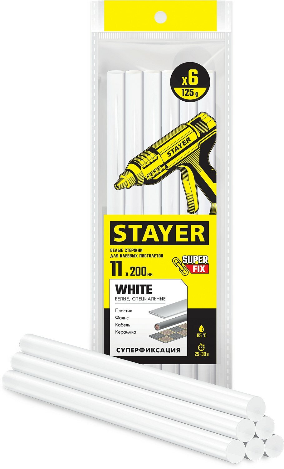 Клеевые стержни STAYER White белые 11x200мм 6шт 2-06821-W-S06