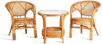 Комплект садовой мебели из натурального ротанга PELANGI (стол со стеклом + 2 кресла), без подушек, мед