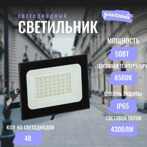 фото Прожектор светодиодный 50вт, черный, ip65, 6500к (холодный белый) leek
