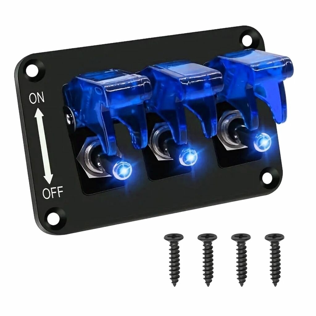 Выключатель,12V 3-позиционный переключатель с рычагом и панелью LED-подсветкой - синий свет, комплект