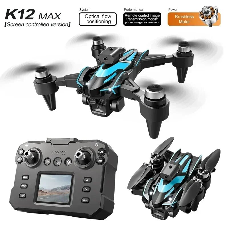 Квадрокоптер K12 MAX Wi-Fi 4K, + пульт с экраном, обход препятствий 360, безщеточные двигатели, 3 акб