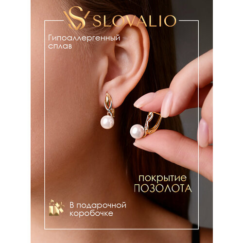 фото Серьги slovalio, жемчуг имитация, фианит, искусственный камень, кристалл, размер 40 мм, золотистый