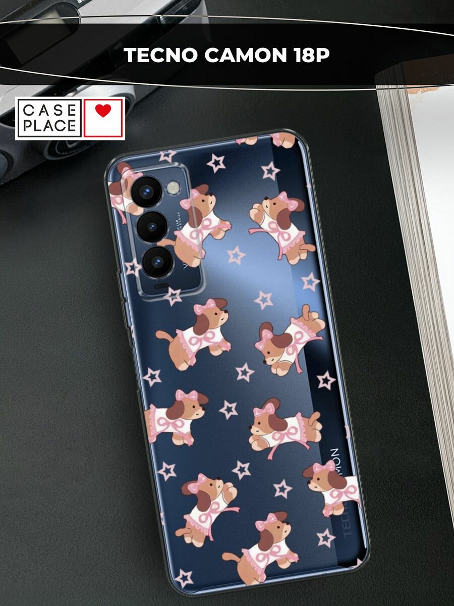 Чехол на Tecno Camon 18P / Техно Камон 18Р с принтом "Милый щенок с бантиком", прозрачный