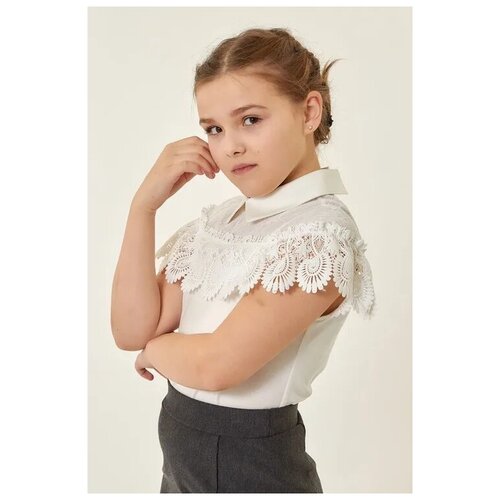 Школьная блуза Deloras, прямой силуэт, на пуговицах, короткий рукав, манжеты, трикотажная, размер 146, белый