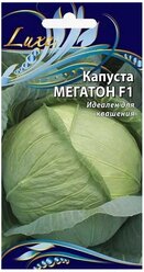 Семена Ваше хозяйство Капуста б/к Мегатон F1 Среднепоздний (135-145 дней) гибрид универсального использования. Кочан круглый, полуприкрытый, плотный, массой 3,2-4,1(до 10)кг. Наружная окраска светло-зеленая с восковым налетом. Внутренняя кочерыга короткая. Ценность гибрида: высокая урожайность, отличные вкусовые качества свежей и квашеной продукции, устойчивость к болезням. 10 шт цв/п