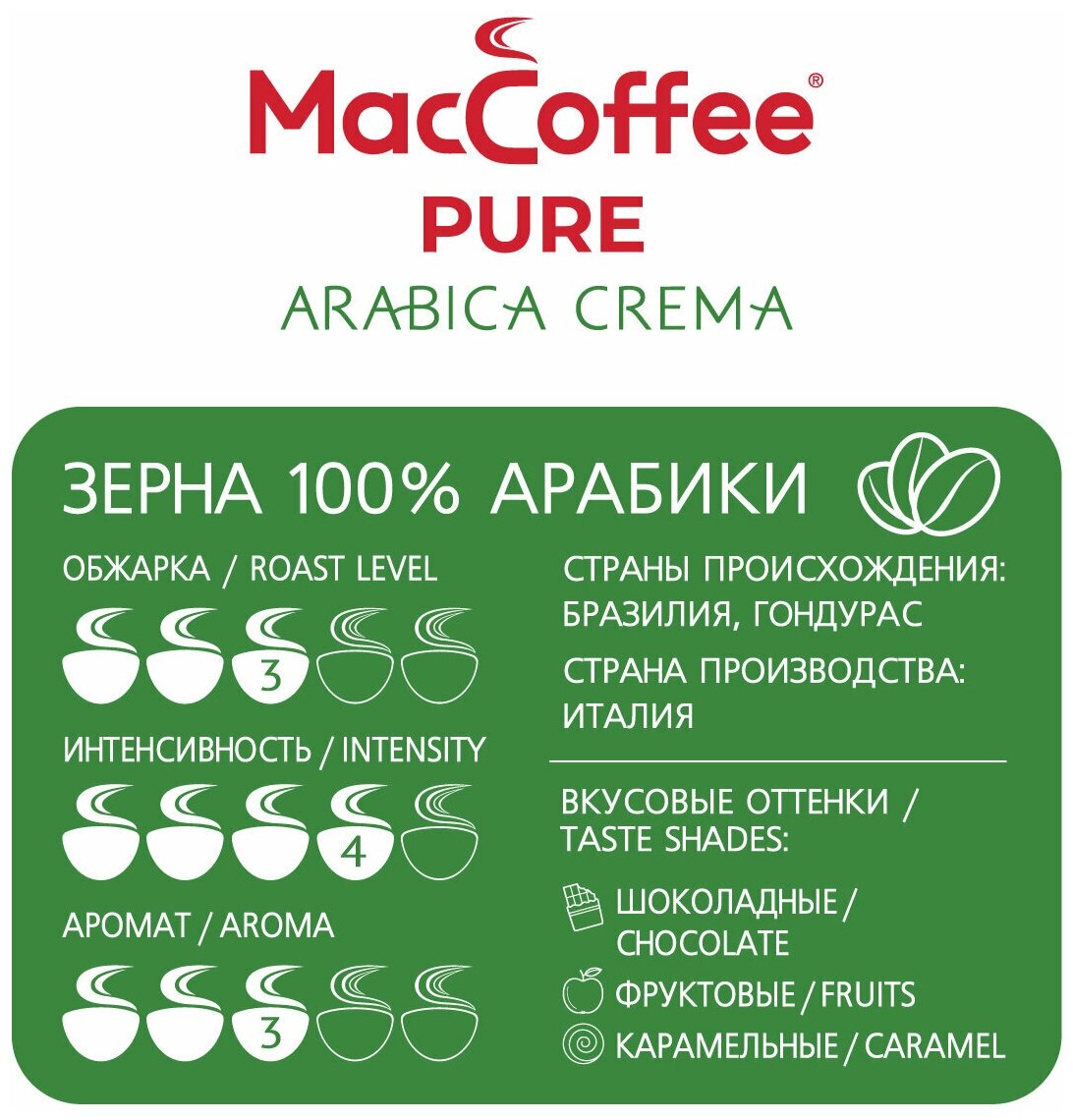 Кофе жареный натуральный в зернах MacCoffee «PURE Arabica Crema" упаковка с клапаном 1000 г (Италия) - фотография № 4