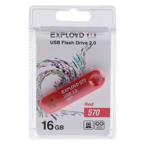 Флешка Exployd 570, 16 Гб, USB2.0, чт до 15 Мб/с, зап до 8 Мб/с, красная флешка exployd 570 32gb black