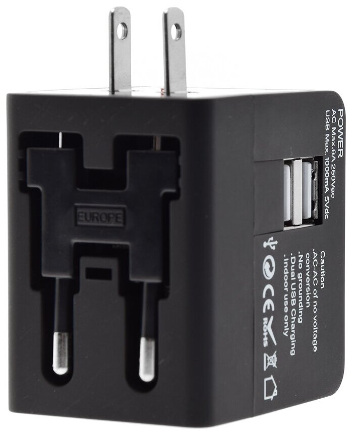 Переходник сетевой тревел адаптер для розеток GSMIN Travel Adapter HHT148 (2x USB 1А, Max 6А) для американской, китайской вилки на евровилку (Черный)