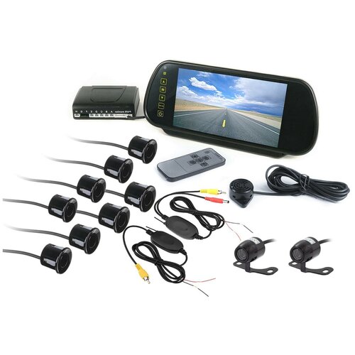 MasterPark 041-8-WZ - беспроводной парктроник с двумя камерами заднего хода восемью датчиками и монитором в зеркале в подарочной упаковке 1674000₽