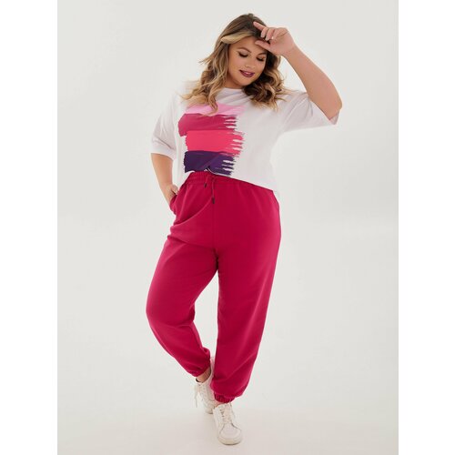 фото Костюм , туника и брюки, повседневный стиль, прямой силуэт, карманы, размер 58, красный, розовый adrom