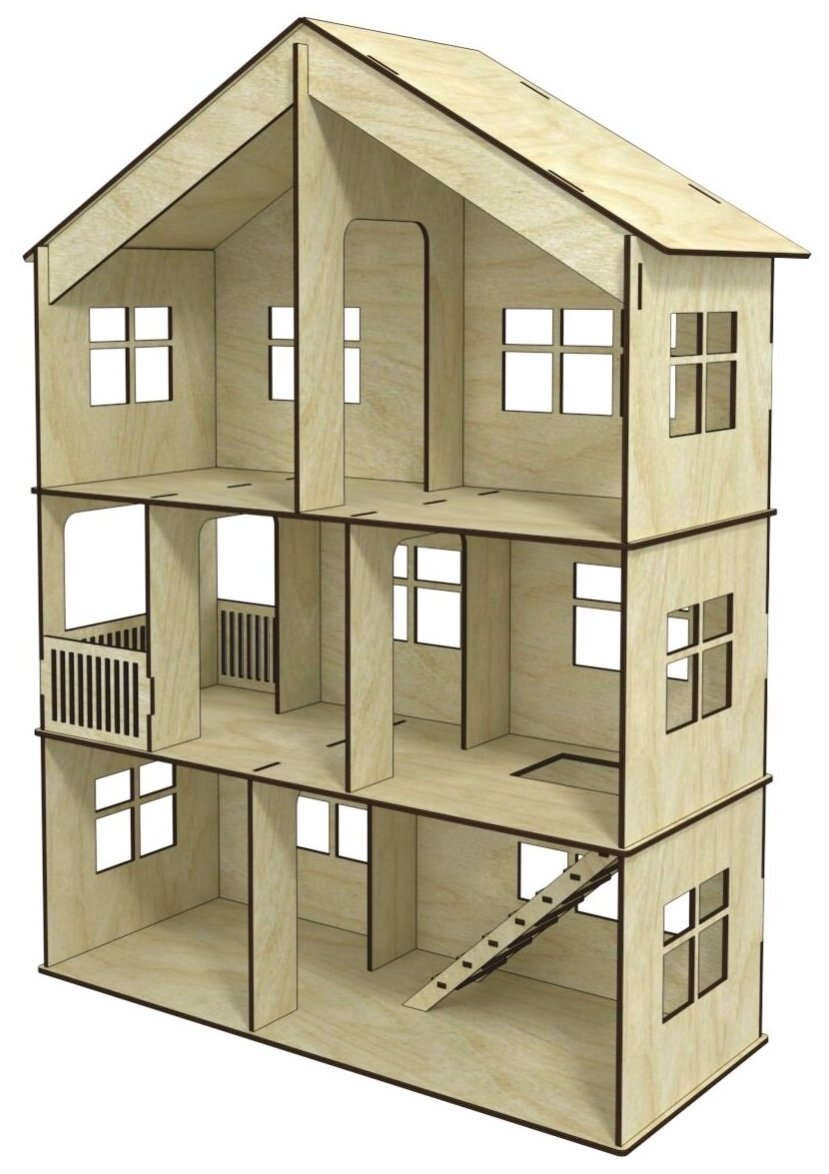 Деревянный Кукольный домик №4-1 "Малый" (3 этажа) для кукол 7-13 см