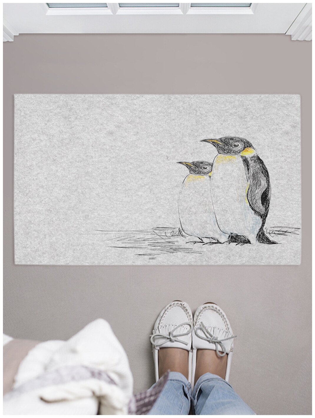 Придверный коврик в прихожую JoyArty "Пингвины на прогулке" для обуви, на резиновой основе, 75x45 см