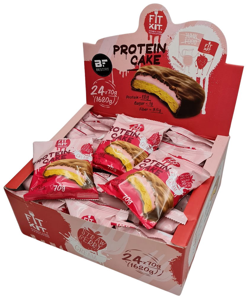 Fit Kit, Protein Cake, упаковка 24шт по 70г (клубника со сливками)