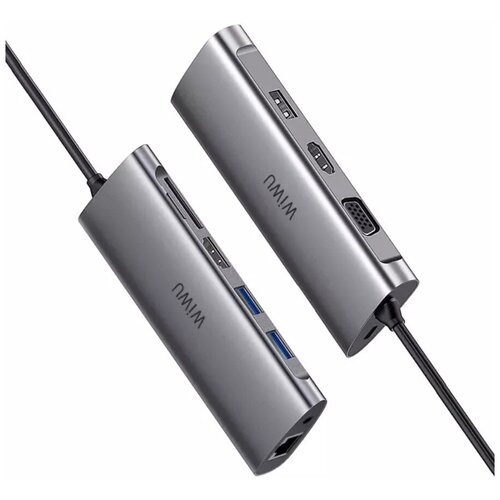 Хаб WiWU Alpha A11312H Type-C to 3 x USB + 2 x HDMI + VGA + RJ45 + AUX 3.5 + Cardreader 10 in 1 Adapter Grey адаптер hoco hb32 8 in 1 разветвитель type c to hdmi rj45 usb2 0 2 usb3 0 sd microsd usb c 100w хаб серый