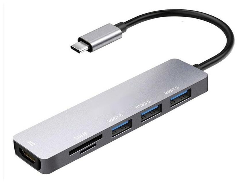 Адаптер переходник 6 в 1 для ноутбука Macbook / Разветвитель USB-C HUB 3.0 / USB-C to HD + 3USB 3.0 + SD Card Reader + TF Card