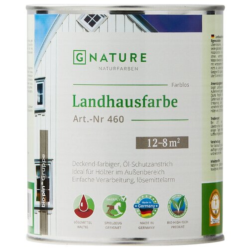 GNature 460, Landhausfarbe Краска для деревянных фасадов на основе масел и смол с УФ фильтром и антисептиком, бесцветная база 0,75 л