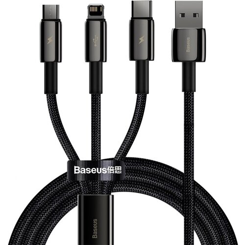 Кабель USB BASEUS Tungsten Gold One-for-three, USB - MicroUSB+Type-C+Lightning, 3.5A, 1.5 м, черный micro usb cable type c fast charging usb c cable type c data cord charger for iphone12 xiaomi samsung s7 android phone cables