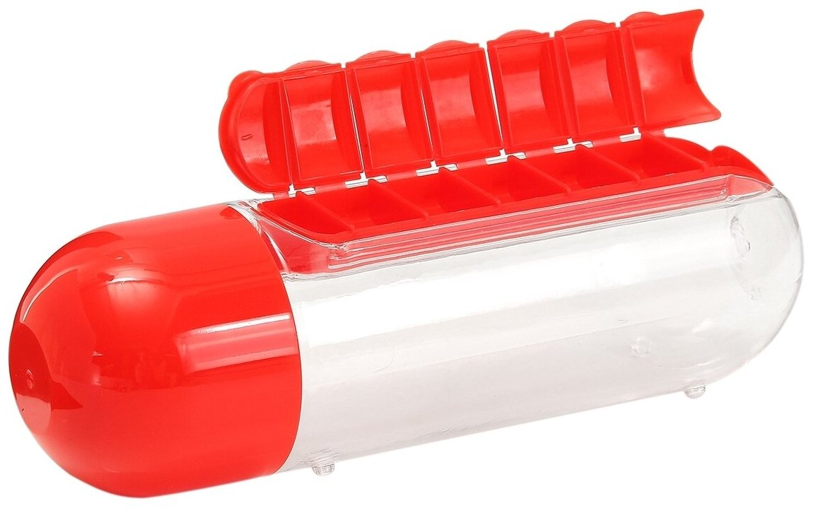 Бутылка-органайзер для таблеток на неделю, таблеточница органайзер для витаминов. 600 мл, красная - фотография № 12