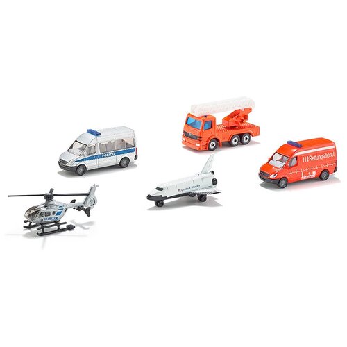 фото "siku" игрушечный набор 01 вертолет, самолет, 2 микроавтобуса, кран 6282