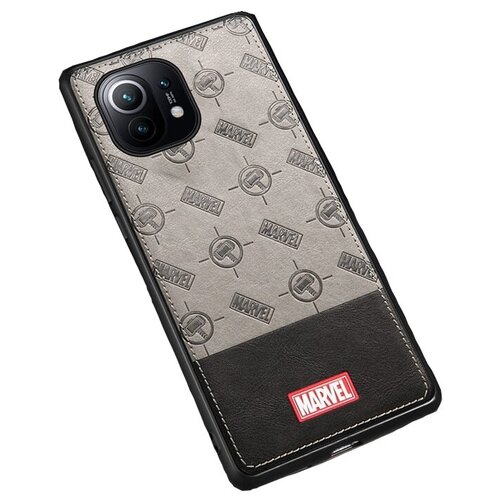 фото Чехол-бампер-накладка mypads на xiaomi mi 11 задняя пластиковая панель-крышка обтянутая качественной импортной кожей тематика marvel avengers серая