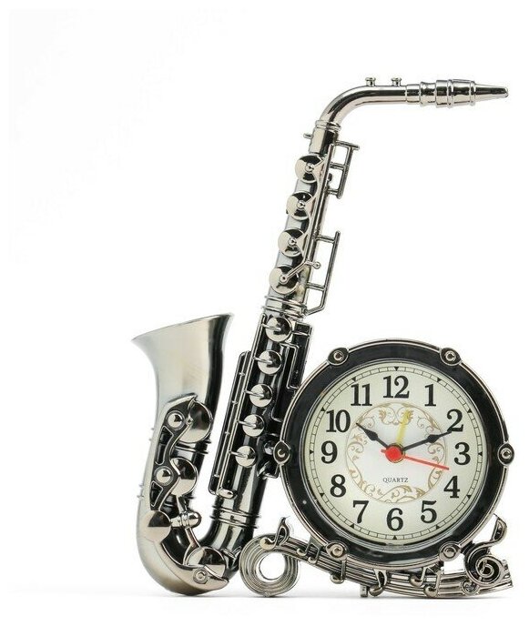 фото Будильник Саксофон, дискретный ход,18,5 x15 x 3,6 см, АА, серебристый