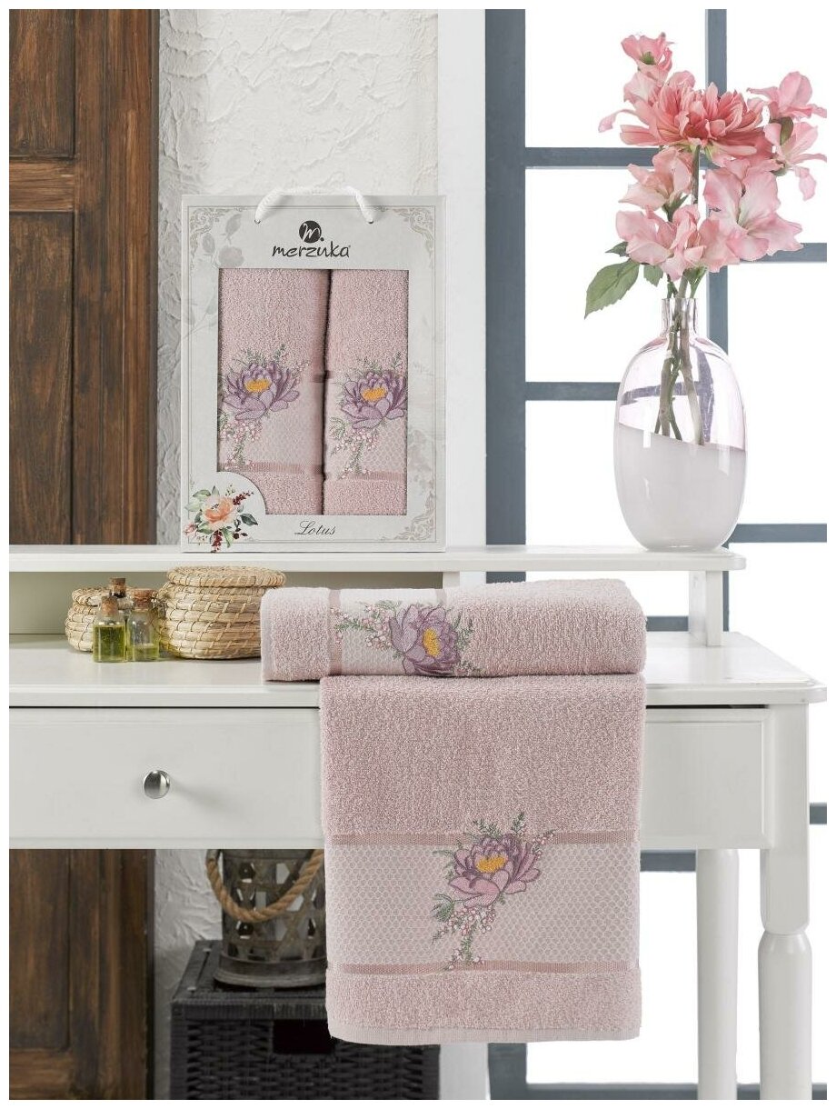 Комплект полотенец (50x90, 70x140) 11296 Lotus Merzuka (светло-розовый), Комплект полотенец (50x90+70x140) - фотография № 1